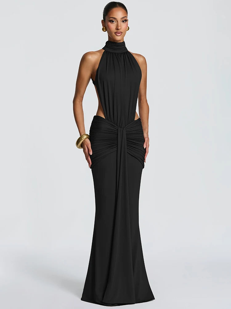 Mozision Turtleneck Backless Sexy Maxi Dress Women Gown Elegant Off-shoulder Sleeveless Ruched Bodycon Club Party Long Dress