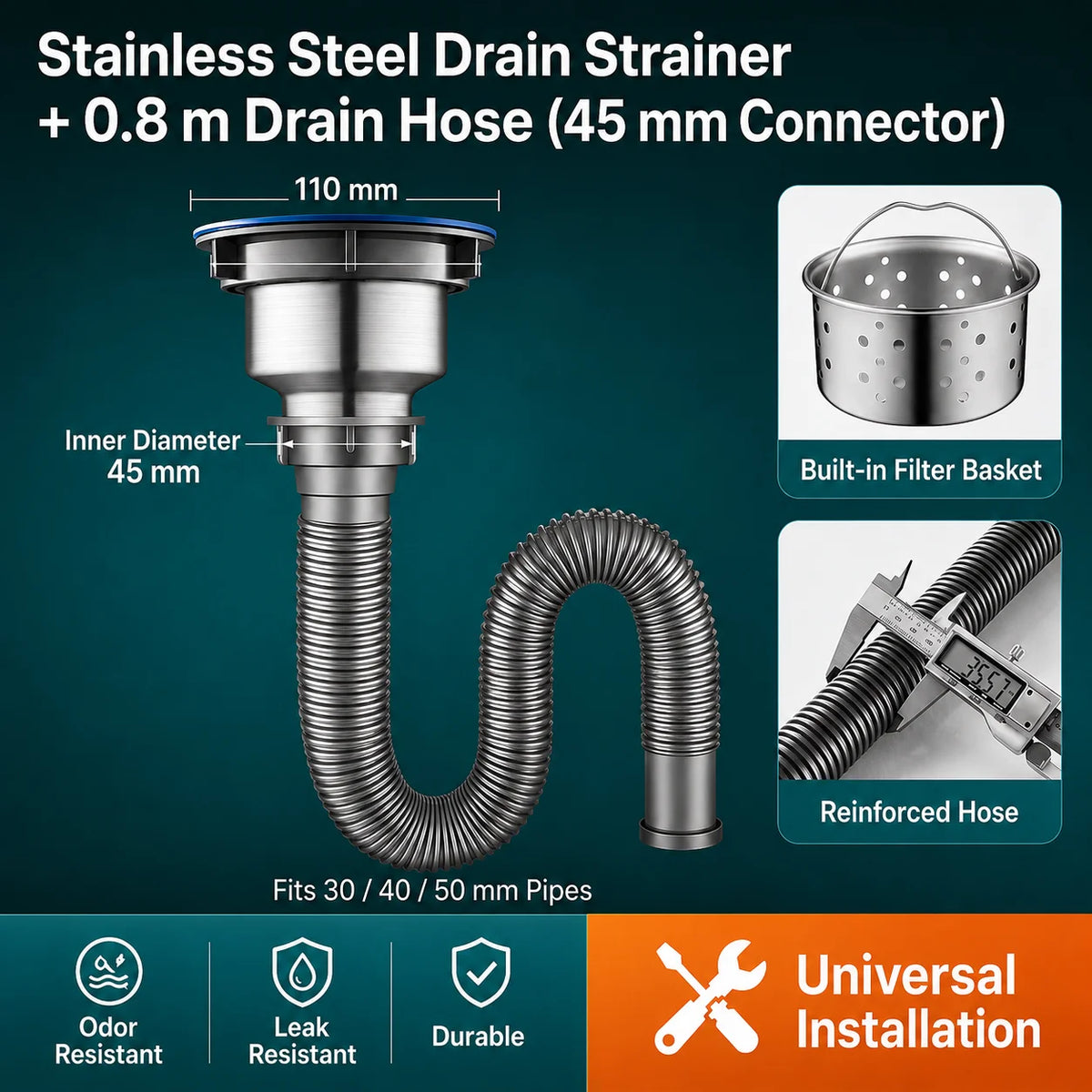 Universal Flexible Kitchen Sink Drain Pipe Anti-Odor Sewer Hose Extension Tube for Mop Pool Laundry Sink Accessories