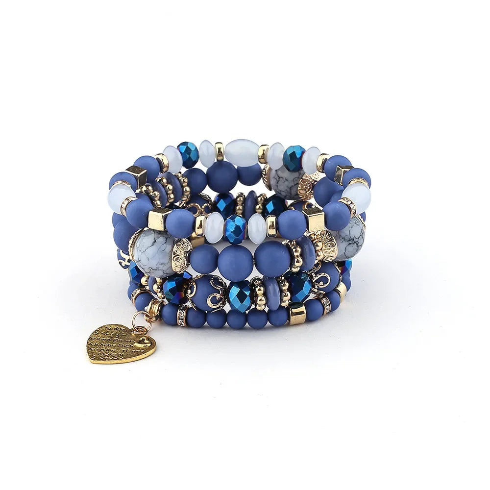 4Pcs Boho Crystal Beads Chain Bracelet Set For Women Vintage Heart Charm Elastic Bangle Men Fashion Party Jewelry