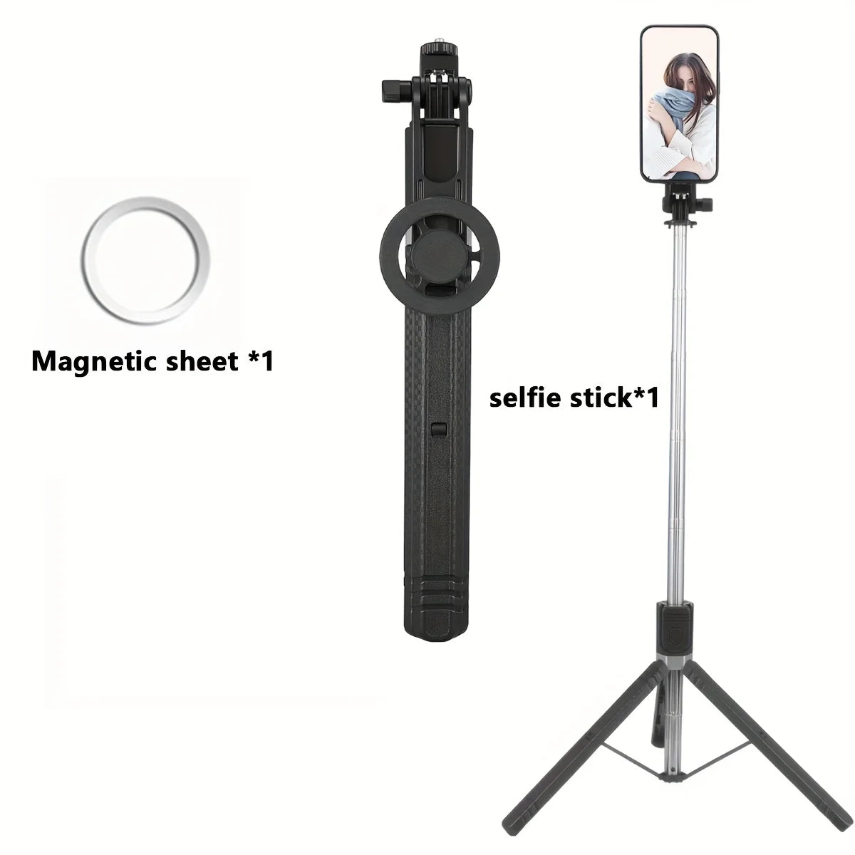 〈Magnetic Quick-Release〉Selfie Stick Tripod with Wireless Remote | Includes Universal Metal Plate for All Phones 170cm Travel st