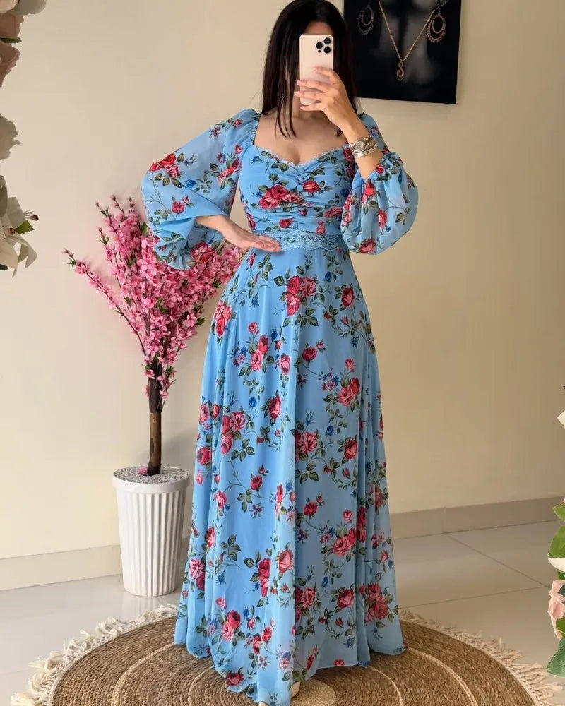 2025 Spring/Summer New Women's Clothing Middle East Chiffon Printed Lace Lace Dress Long Sleeve Bubble Sleeve and Ankle