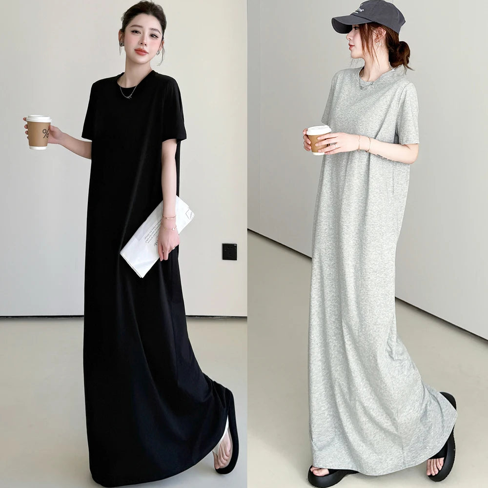 NYFS 2026 Korean Style Women's Summer Loose plus Size Dress Short Sleeve Solid Long Dress Robe Elbise