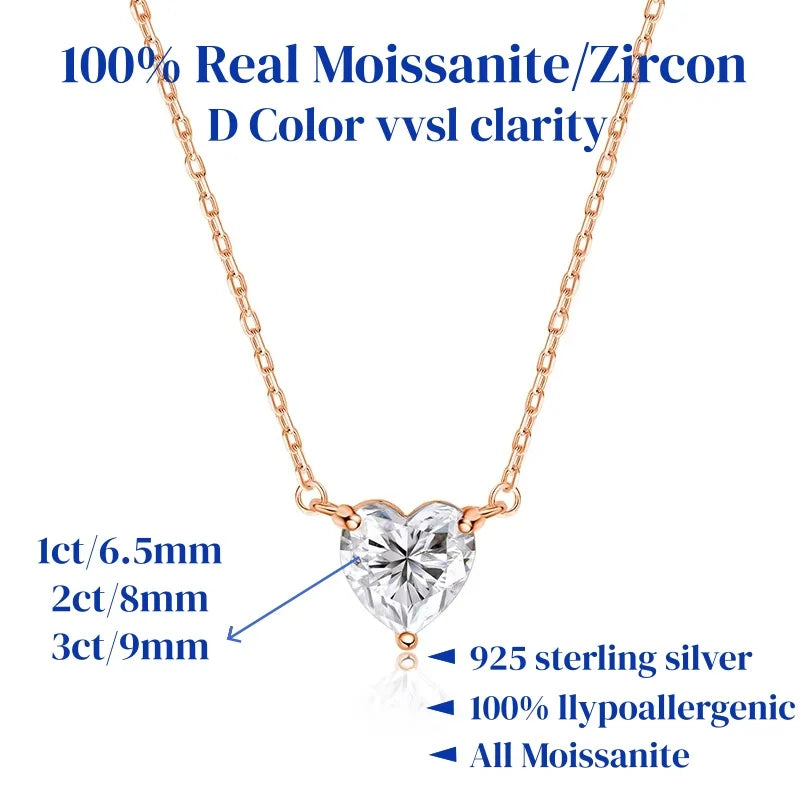 WSHUO 1/2/3ct Heart Cut Moissanite Pendant Necklace S925 Pure Silver Plated 18K Gold Women Necklace jewelry Gift GRA Certified