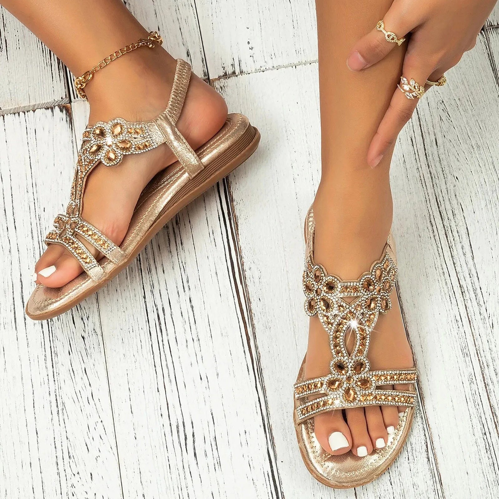Elastic Band Sandals Women Casual Bohemian Crystal Floral Flat Beach Shoes Open Toe Low Heels PU Leather Ladies