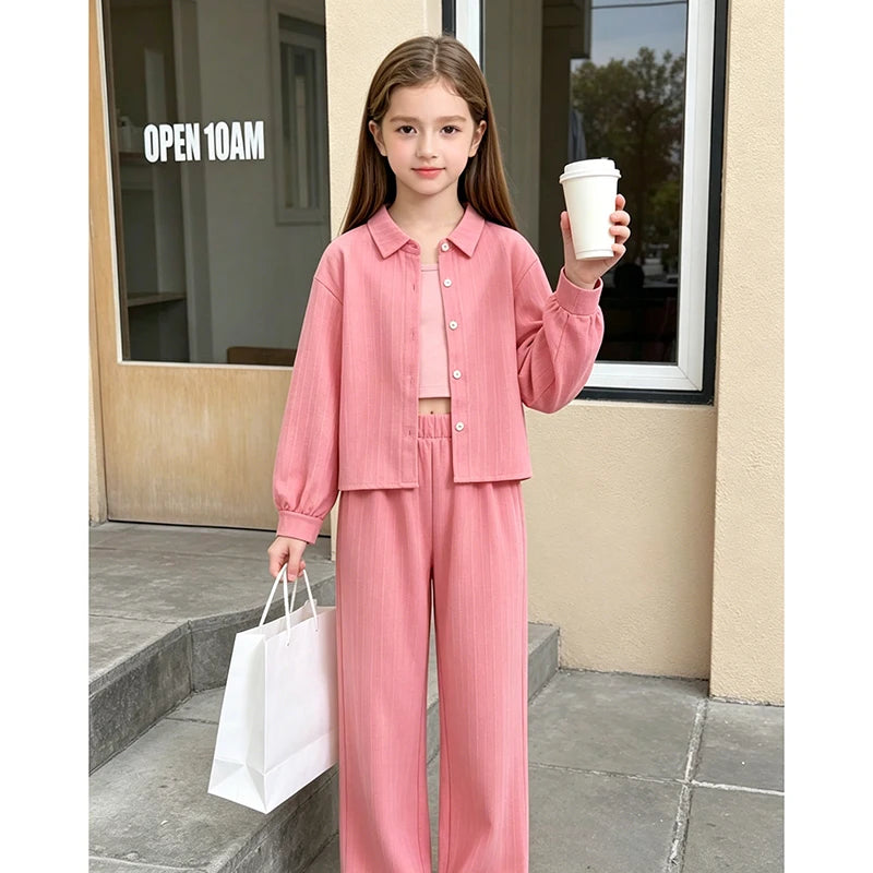 Girls Sets 4-16 Years Shirt Long-Sleeved Coat + Loose Casual Long Pants For Girls Korean Style Suits Summer Fashion Clothes Sets
