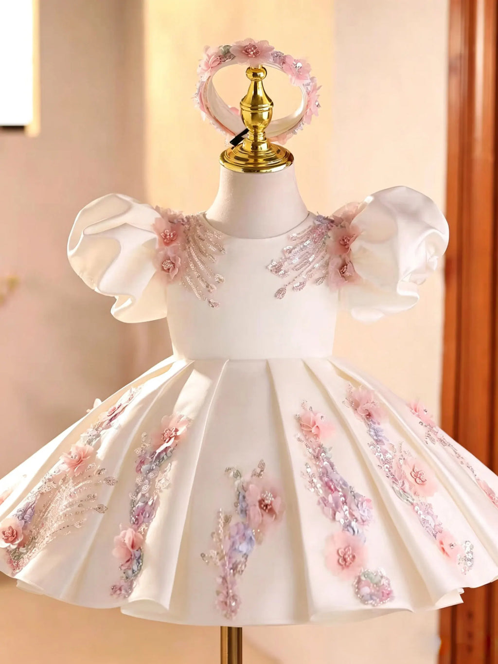 Jill Wish J892 White Girls Dress 3D Flowers Puff Sleeve Kids Wedding Dress Sequin Embroidery Birthday Party Gown with Headband