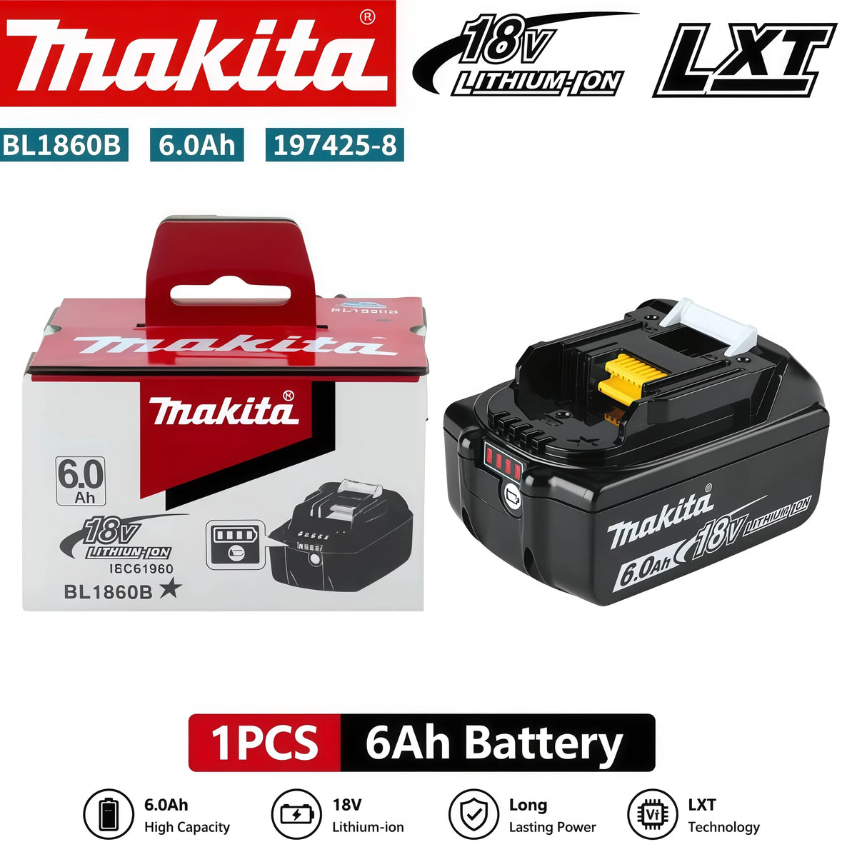 2026 New Makita 6Ah for Makita 18V Power Tool Battery BL1840 BL1830B BL1850B BL1850 BL1860 BL1815 Replacement Lithium Battery