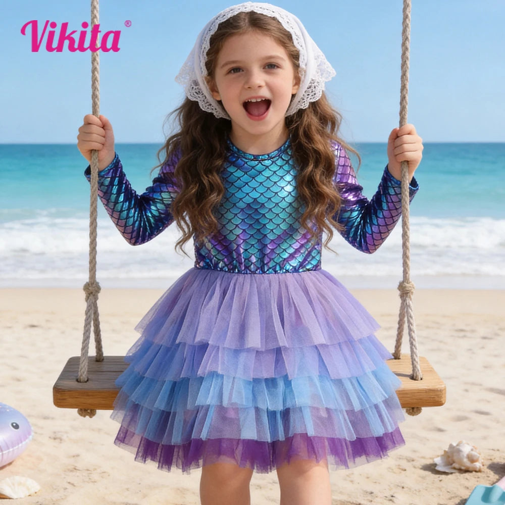 VIKITA Girl Princess Dress Autumn Wedding Birthday Party Tutu Vestidos Kids Dresses For Girls Children Christmas Costumes