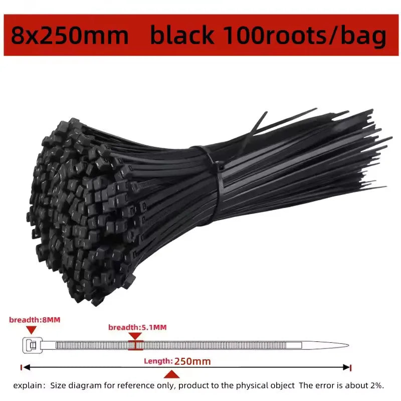 100 PCS Self-locking Plastic Nylon Tie Black Fastening Strap Cable-Tie-Set Cable Zip Tie Fastening Ring Zip Wraps Strap Tie