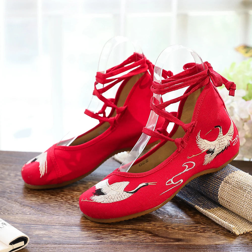 Veowalk Crane Embroidered Women Canvas Lace Strap Ballet Flats Ladies Comfortable Casual Cotton Fabric Shoes