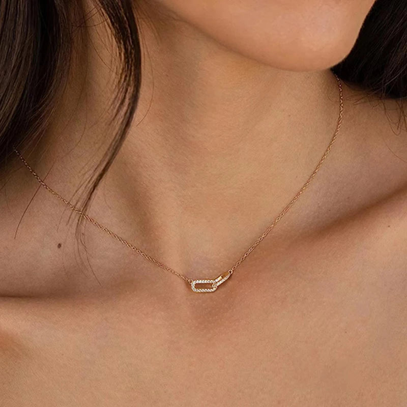 New 925 Sterling Silver Shiny Rectangle Double Zircon Circle CZ Zirconia Necklaces Pendants Gift For Girl Choker NK232