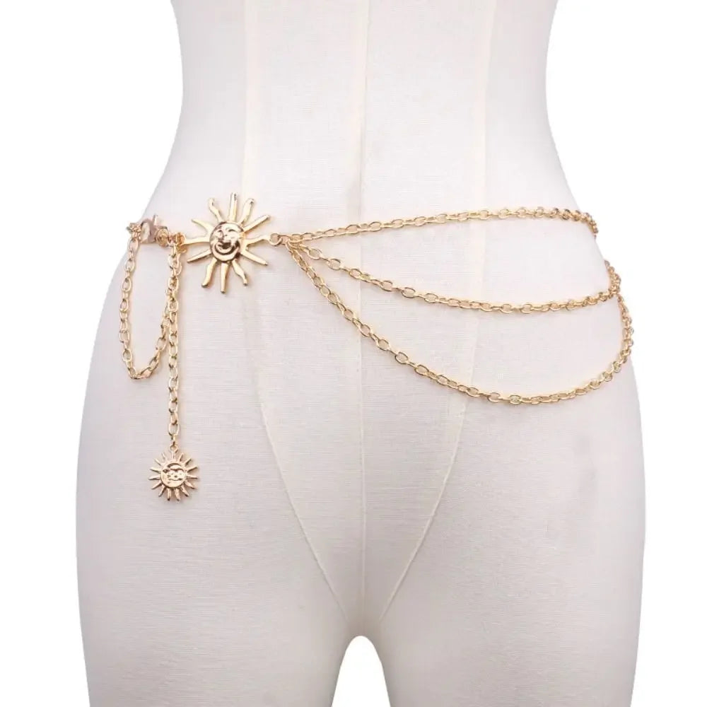 Punk Hip Hop Style Thin Waist Chain Sun Moon Star Women Chain Belt Vintage Fashion Metal Alloy Waistband Clothing Accessories