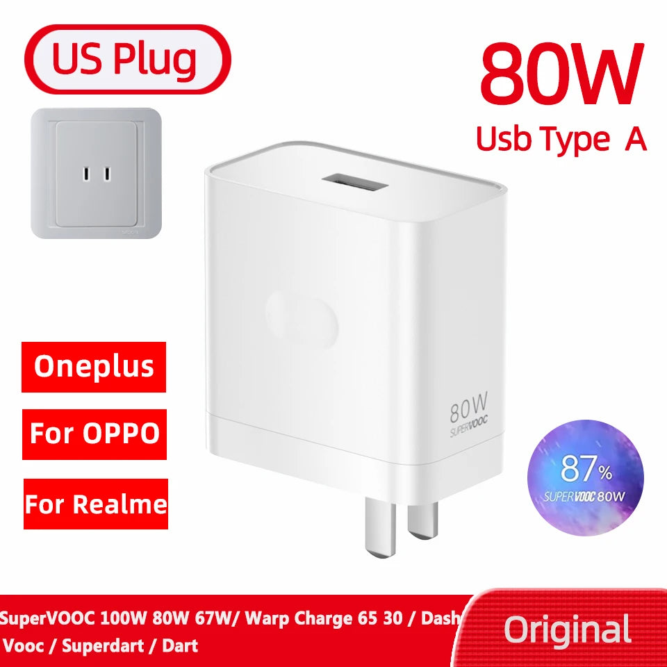 Original Oneplus Charger SuperVOOC 100W Type-A Power Adapter EU 80W Super Fast Type C Cable One Plus 13 12 11 10 Pro Nord CE 3 5