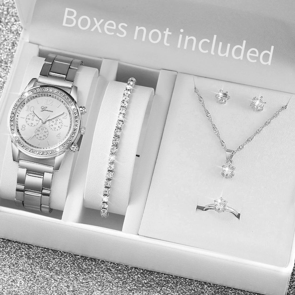 6PCS/Set Women's Watch Fashion Rhinestone Stainless Steel Band Quartz Watch Jewelry Set Reloj Mujer (Without Box)