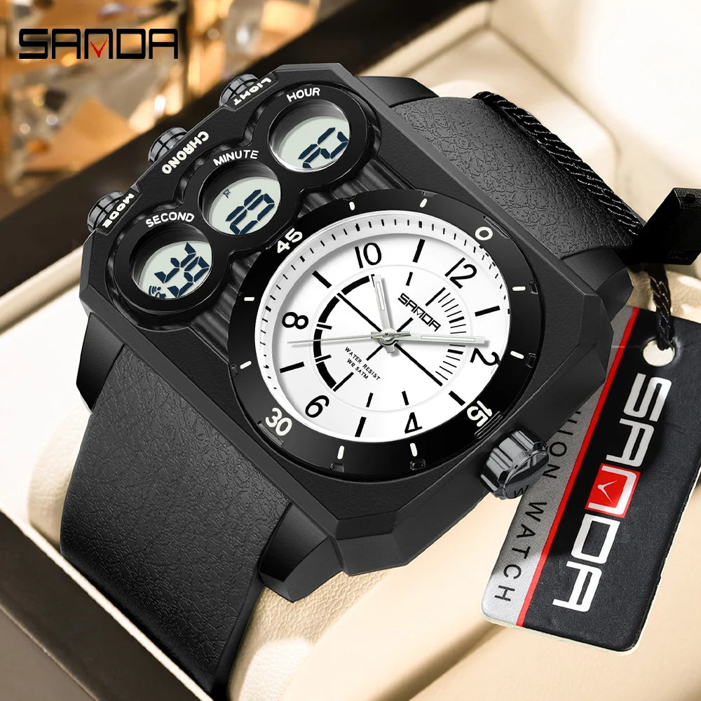 SANDA Men Watch Square Big Dial Waterproof Double Display Wristwatch Man Chronograph Digital Clock Men's Military Quartz Watches