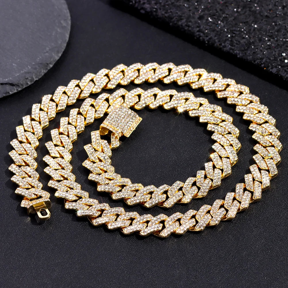 16/18/20/22/24inch Gold Color Cuban Link Chain for Women Men 2 Row Rhinestone Rhombus Prong Cuban Necklaces Hip Hop Jewelry