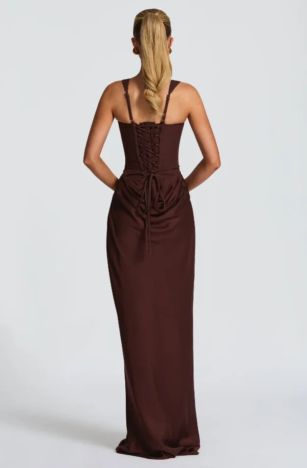 Brown Pleated Sling Maxi Dress Women Chic Square Neck Sleeveless Off-shoulder Waist Cinching Robes 2026 Lady Evening Party Gowns