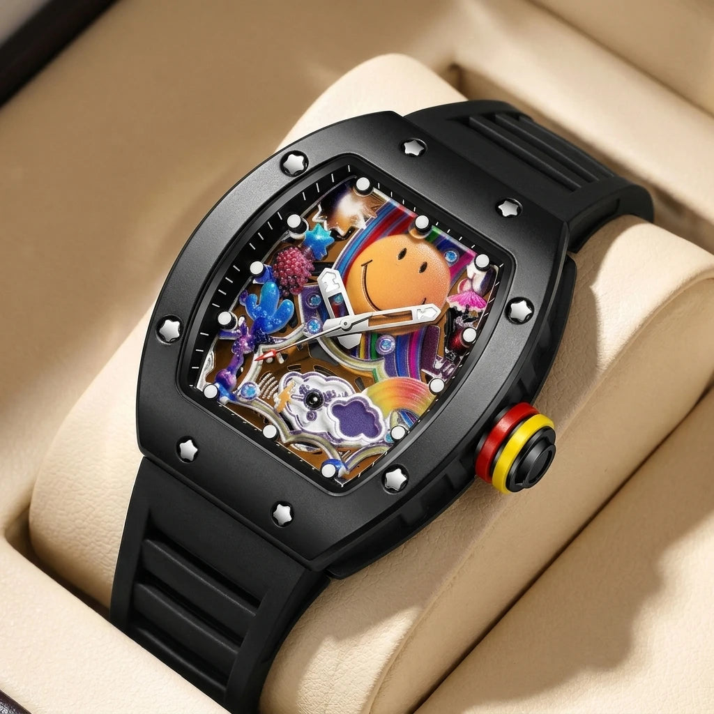1 piece cute smiling face colorful pattern yellow strap square watch fashion personality trendy daily wear wristwatch
