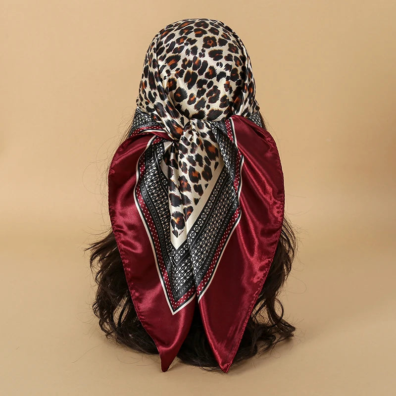 Leopard Square Silk Scarf Women Luxury Brand Satin Print Hijab Scarves Pareo Bandana Female Shawl Wrap Headband Foulard 90*90cm