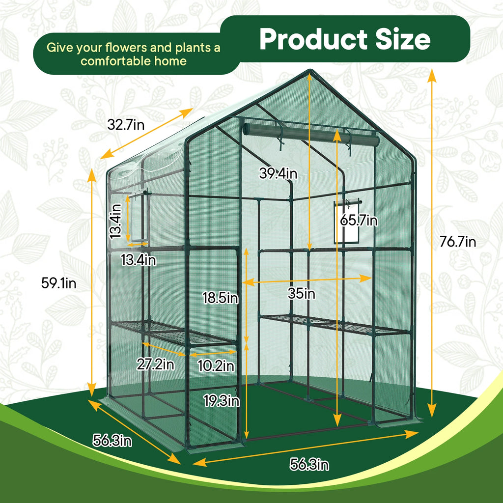 JHK 56 Inch Portable Walk-In Greenhouse for Outdoor Plants with Screen Windows Heavy Duty 22Lbs Capacity Green House for Garden