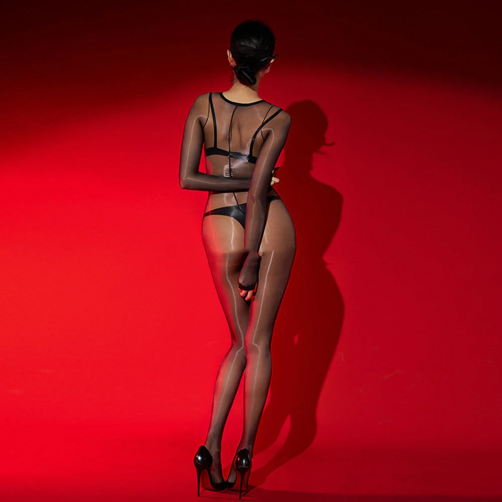 Sexy Women 1D Thin Oil Glossy Shiny Elastic Bodysuit Sheer See Through Dot Maid Tights Jumpsuits Dance Shapping Leotard