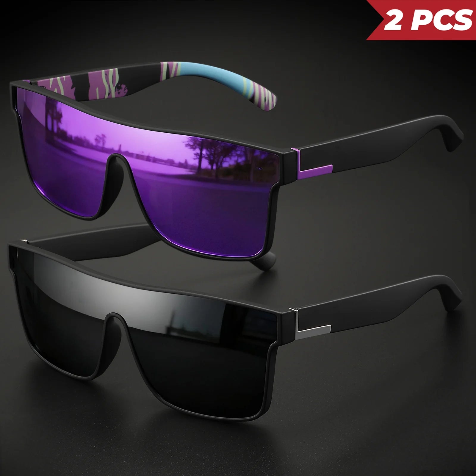2PCS Classic Colorful Sports Sunglasses - One-Piece Lens, UV400 Unisex for Outdoor, Travel & Daily