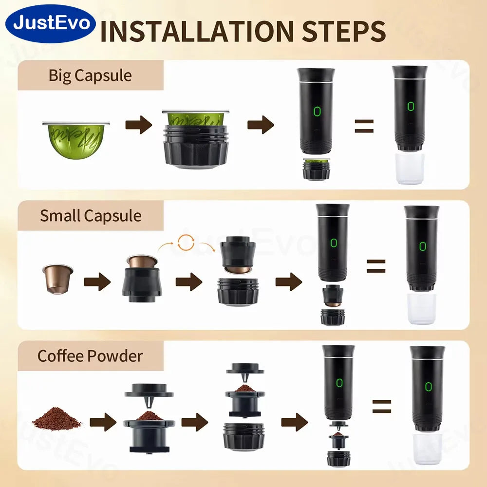 JustEvo Portable Espresso Machine 3-In-1 Travel Coffee Maker Compatible With Small Large Capsules And Ground Coffee Compact Electric Brewer For Car RV Camping Office Outdoor Your Mobile Coffee Shop