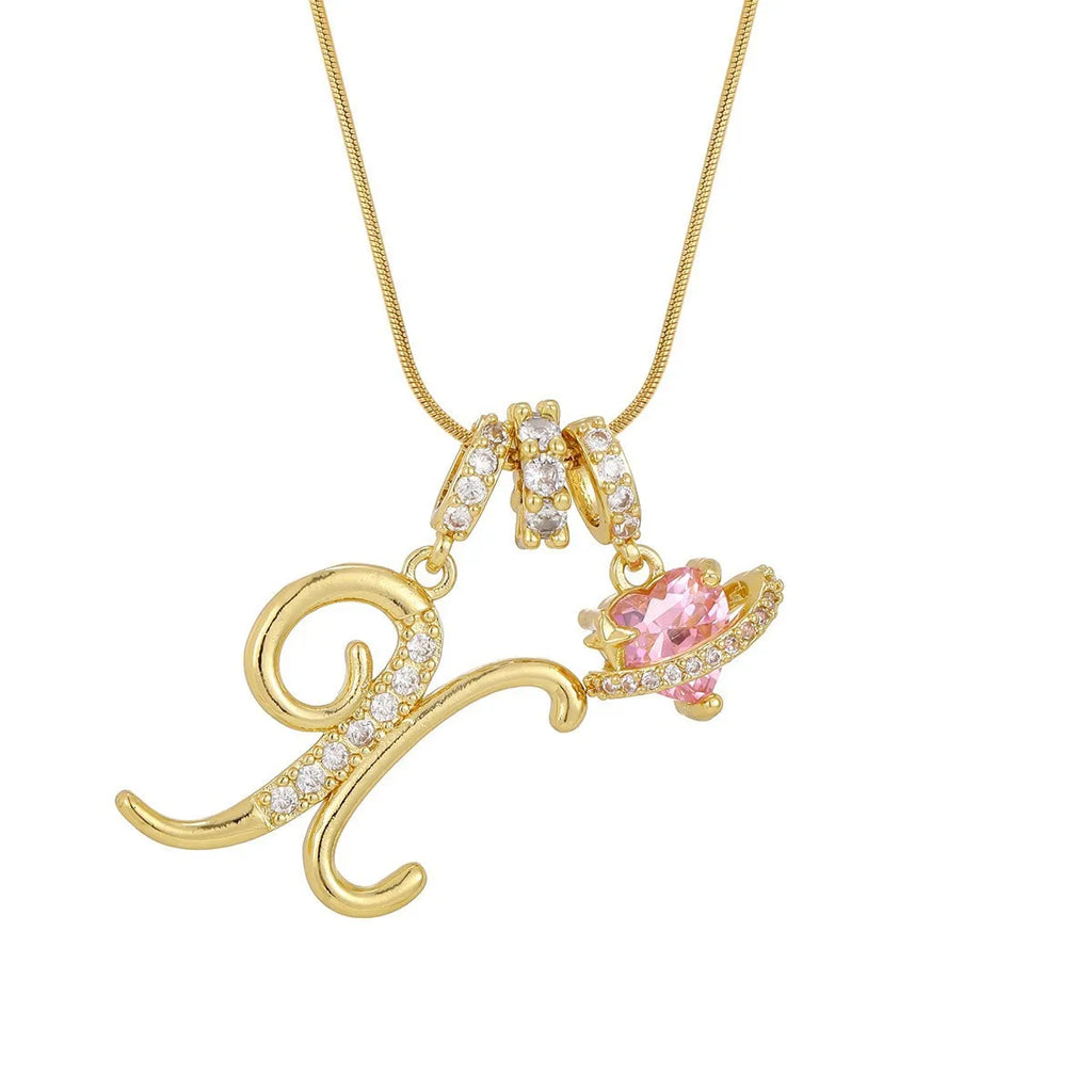Fashion Letter Necklace Pink for Women  Zircon Heart Pendant Suitable for Personalized Stainless Steel Luxury Jewelry for Girls