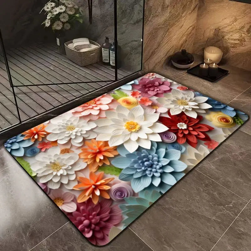 1pc multi-color floral print design bathroom mat, anti-slip, super absorbent and quick-drying shower floor mat, dry and soft ant