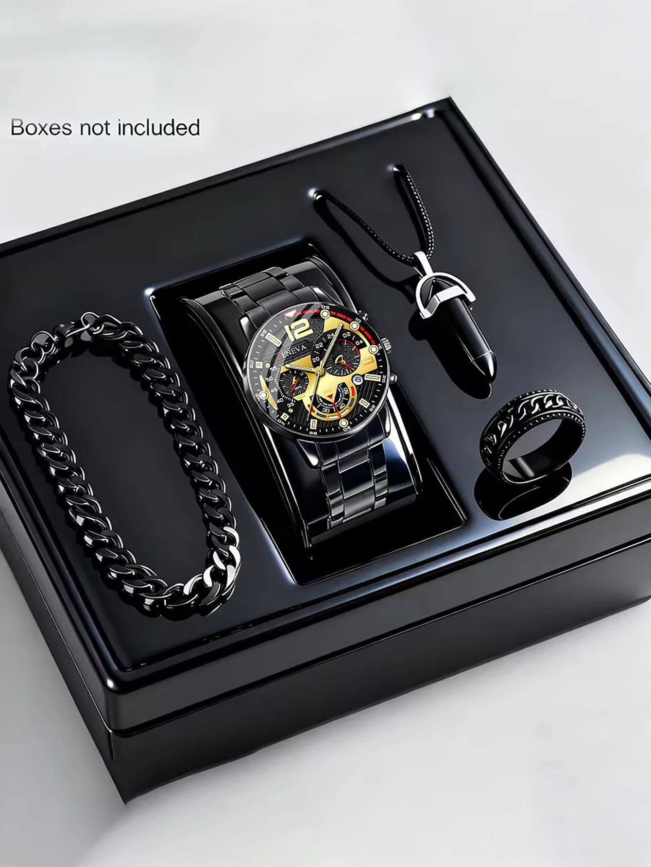 Men's Trendy Quartz Watch Set with Bracelet Necklace Ring Calendar Function Birthday Gift Not including Box