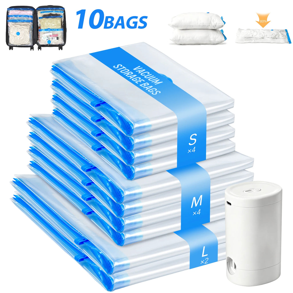 10pcs Vacuum Compression Bags with Rechargeable Wireless Pump, Vacuum Storage Bags Space Saver