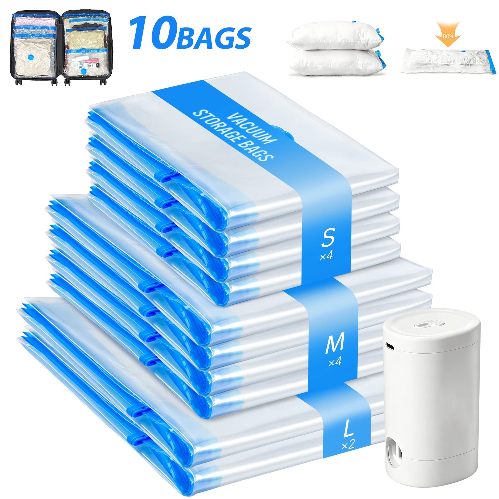 10pcs Vacuum Compression Bags with Rechargeable Wireless Pump, Vacuum Storage Bags Space Saver