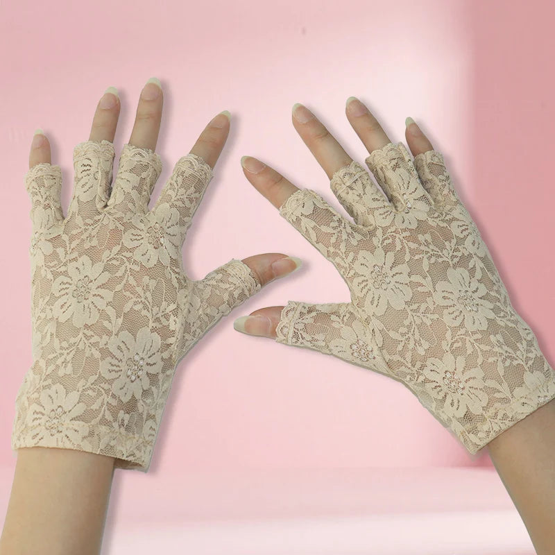 Spring/Summer Women's Thin Lace Flower Gloves Breathable Half Finger Exposed Finger Driving Touchscreen Scar Covering Bridal Glo