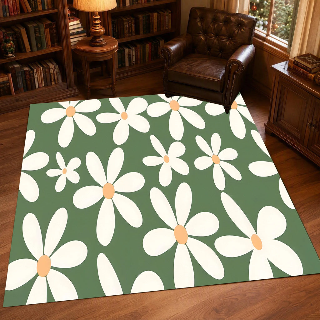 Green Daisy Print Rug Soft Velvet Area Carpet Living Room Bedroom Home Decor Carpet Mat
