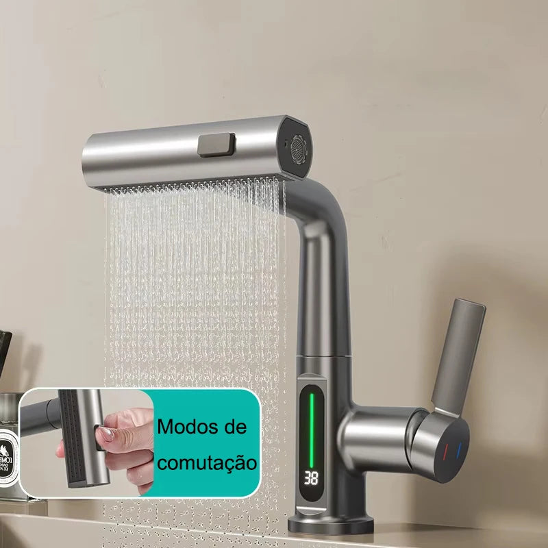 Intelligent Digital Display Pull Out Kitchen Faucet Cold Hot Mixer Taps Rotatable Sink Lifting Basin Faucet
