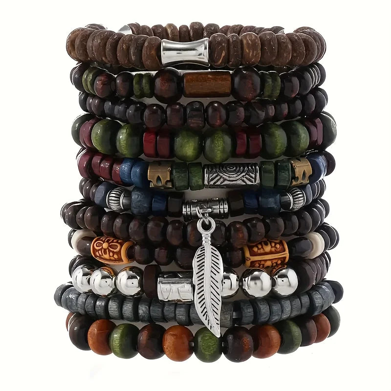 10pcs Vintage Bohemia Men's Bracelets - Fashion Stylish Leaves Wristwear Accessory for Durable Fashion Jewelry Gifts
