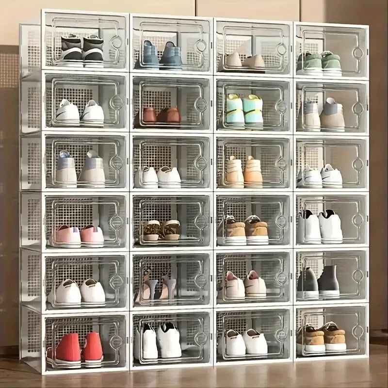 24pcs Large Stackable Plastic Shoe Storage Boxes Dustproof Transparent Display Cabinet for Men/Women Sports Shoes Boots Hat Orga