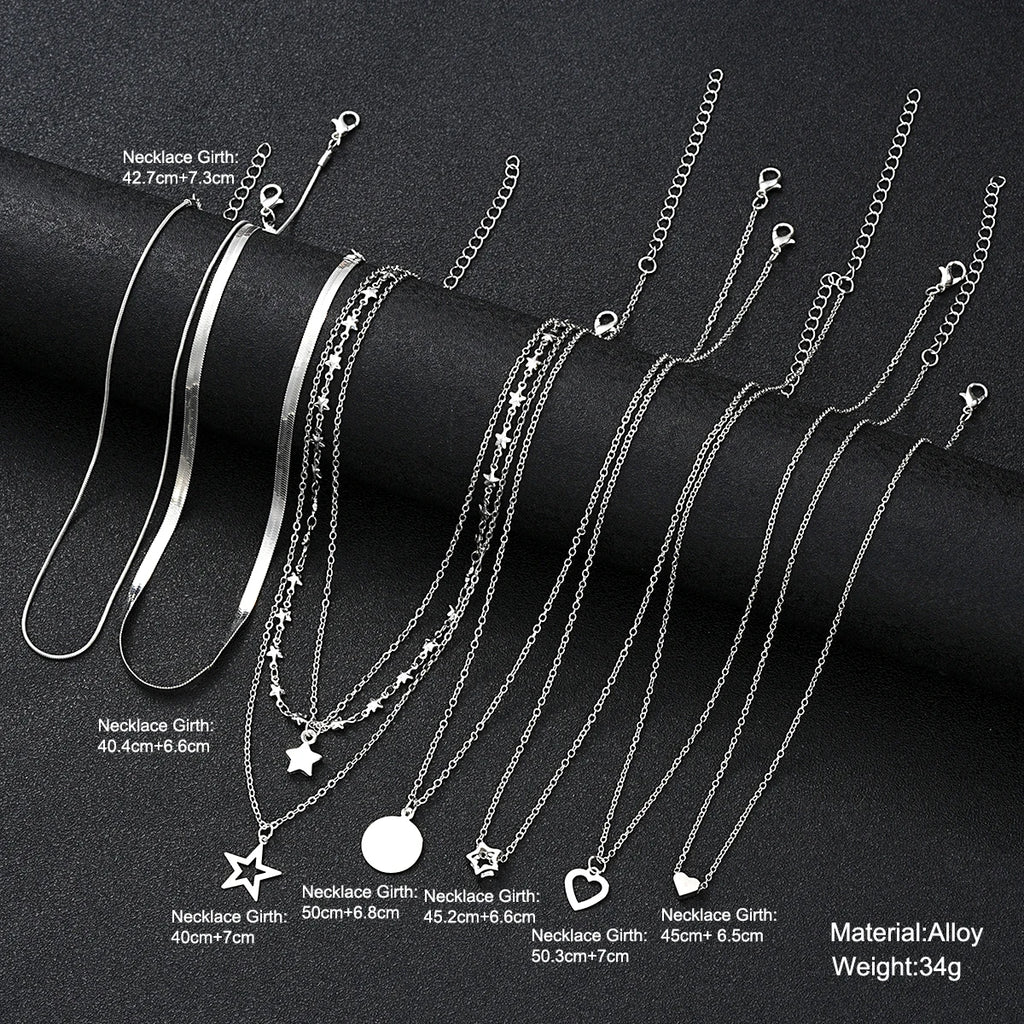 9 Pcs Simple Choker Necklaces for Women Fashion Love Heart Star Pendant Layered Necklace Jewelry Gift European and American 2024