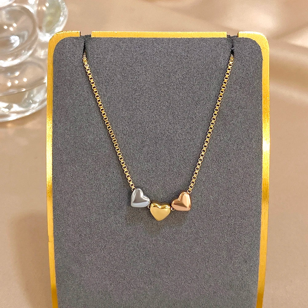 Cute Triple Color Heart Beads Necklace for Women Fashion Gold Plated Stainless Steel Charm Necklaces Waterproof Jewelry