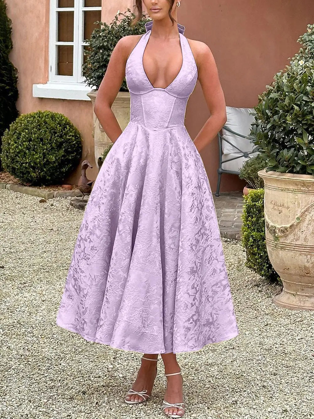 Giyu Club Evening Party Dresses Women 2025 Summer Sexy Bow Halter Long Dress Elegant Jacquard Lace Up Backless Birthday Robe