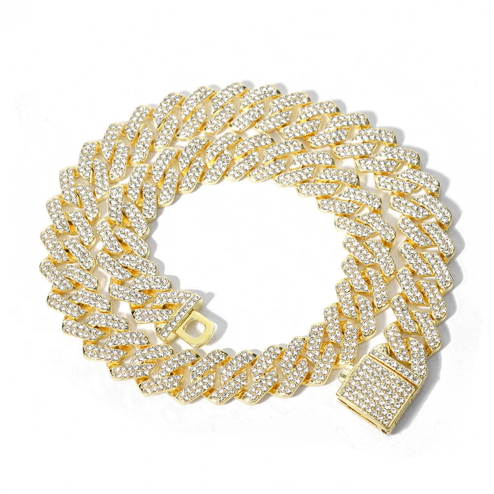 Fashion Hip Hop Square 14MM Cuban Link Necklace Men Gold Color Women Rhinestone Iced Out Cuban Chain Punk Jewelry Necklaces Gift