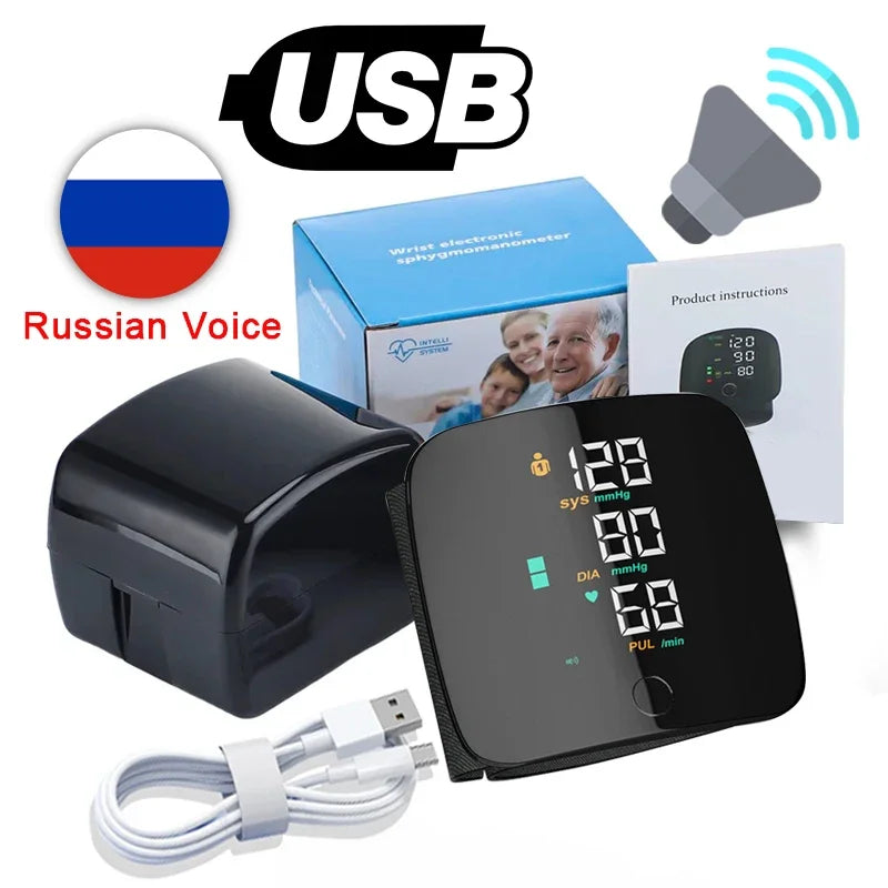 New LED Wrist Blood Pressure Monitor Rechargeable English/Spanish/Russian Voice Broadcast Sphygmomanometer Tonometer BP Monitor