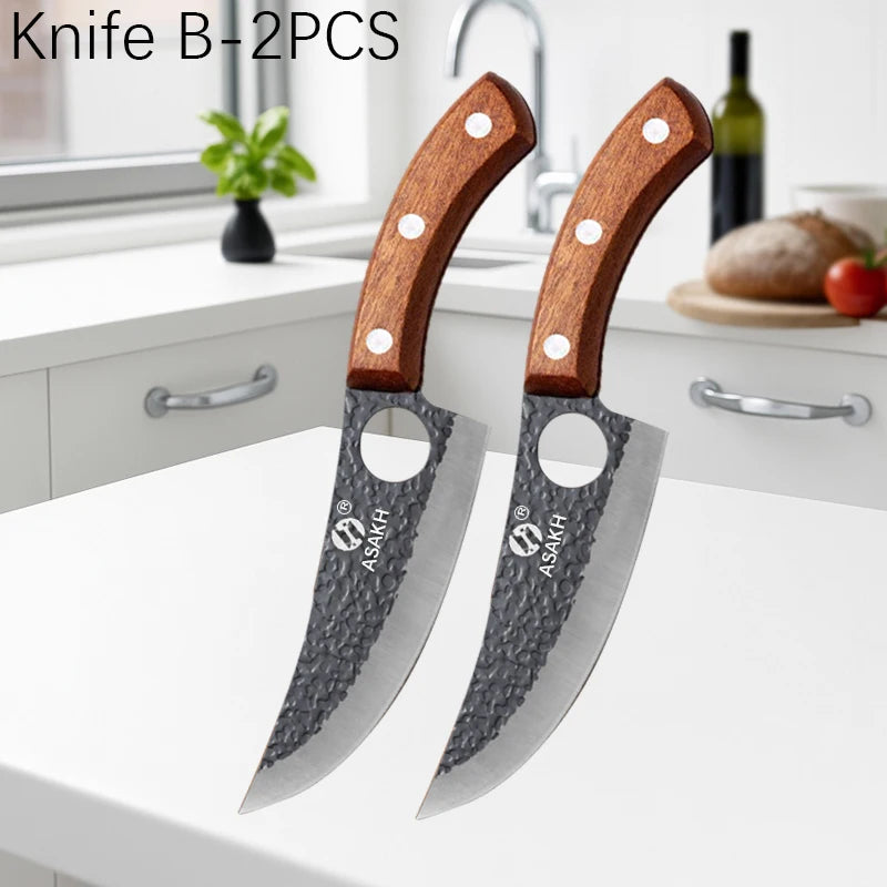 WXCOO Professional Hand Forged Butcher Knife with Wooden Handle Stainless Steel Boning Knife Cutter Full Tang Kitchen Knife