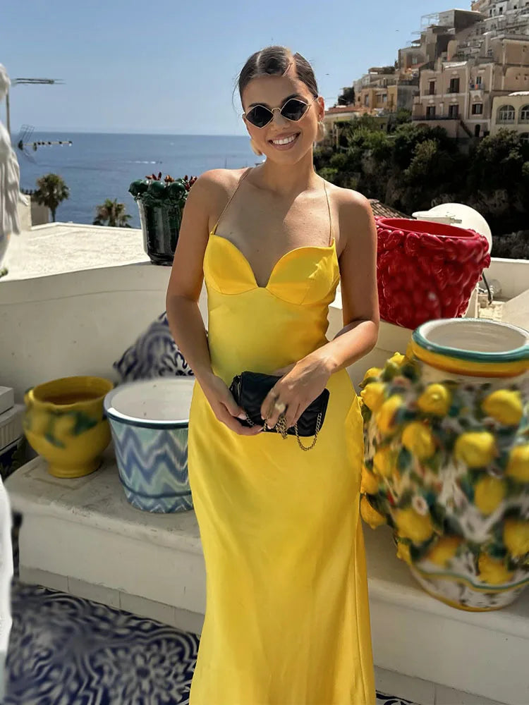 HH 2025 Women Red V-Neck Holiday Style Satin Texture Long Dress Sleeveless Summer Women's Back Zipper Fashion Sling Dresses