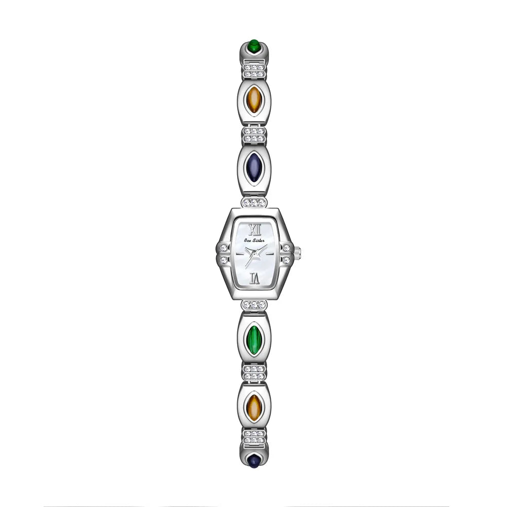 NEW Retro Luxury Women's Watches with Colored Gemstones Barrel-Shaped Small Dial Bracelet-Style Quartz Wristwatch for Women