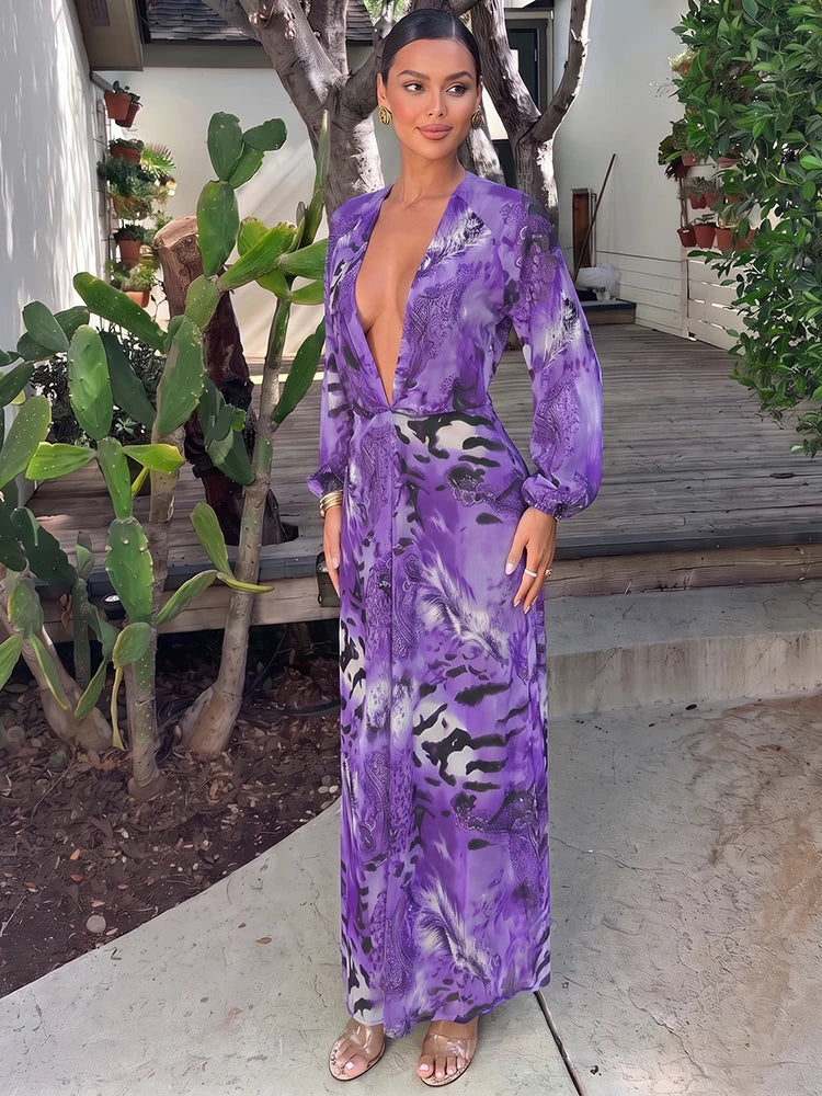 Sisterlinda Backless Long Dress Woman Autumn Trend Deep V-Neck Tiger Stripe Print Lantern Sleeve Beach Party Elegant Vestidos