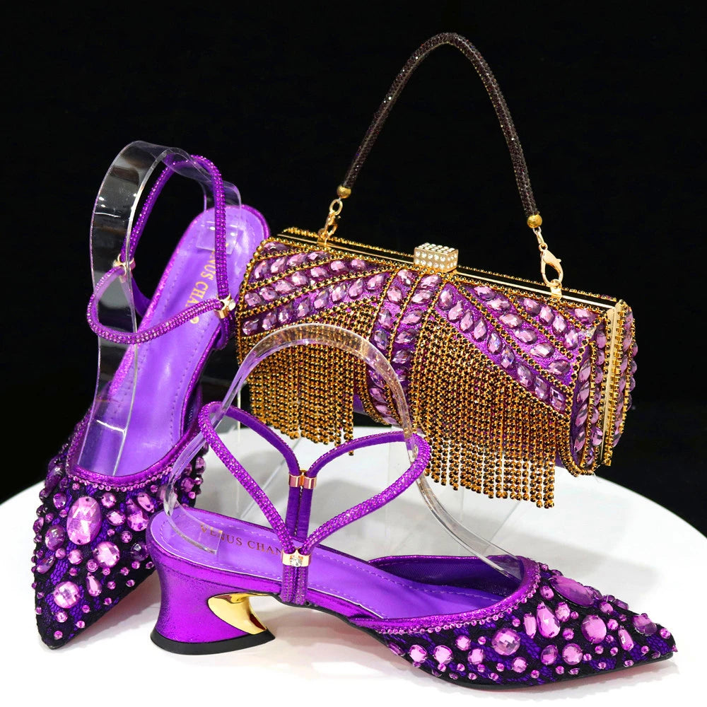 Venus Chan 2023 Newest INS Style Lace Elegant High Heels Pointed-Toe Nigeria Popular Design African Ladies Shoes And Bag Set