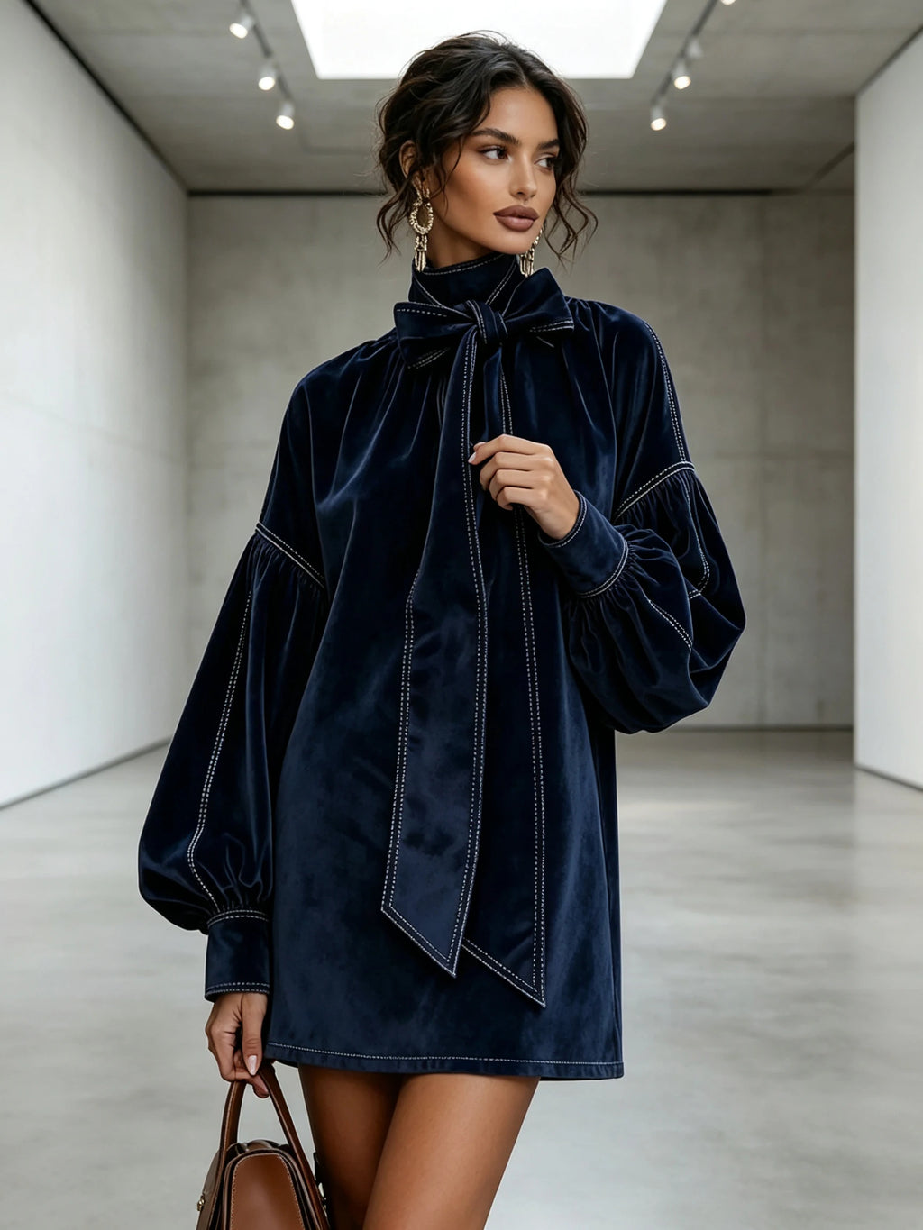 American Retro High Collar Lantern Sleeve Long Sleeve Bow Tie Elegant Velvet Women Mini Dresses Casual Autumn High Street Dress