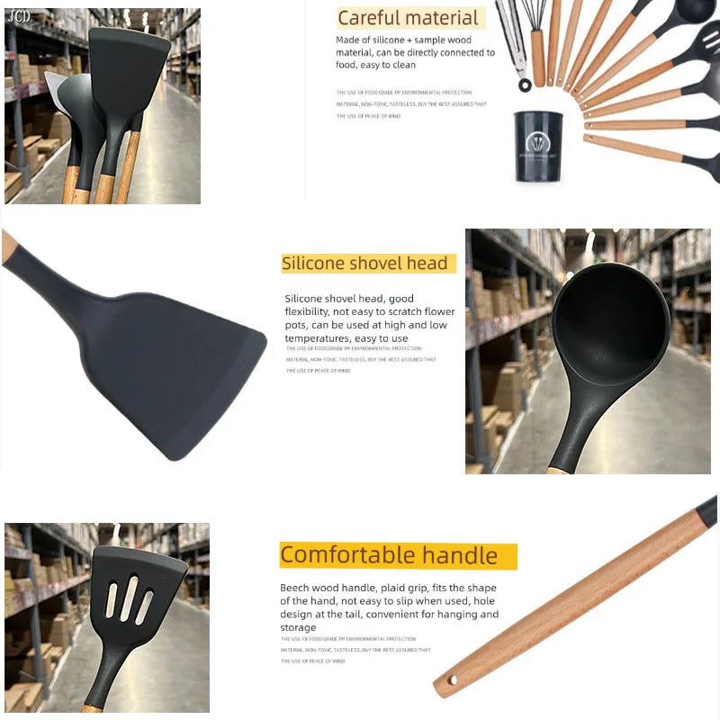 High Temperature Resistant Silicone Kitchenware Set Wooden Handle Shovel Leaky Spoon Tool Cooking Utensil Baking Accessories