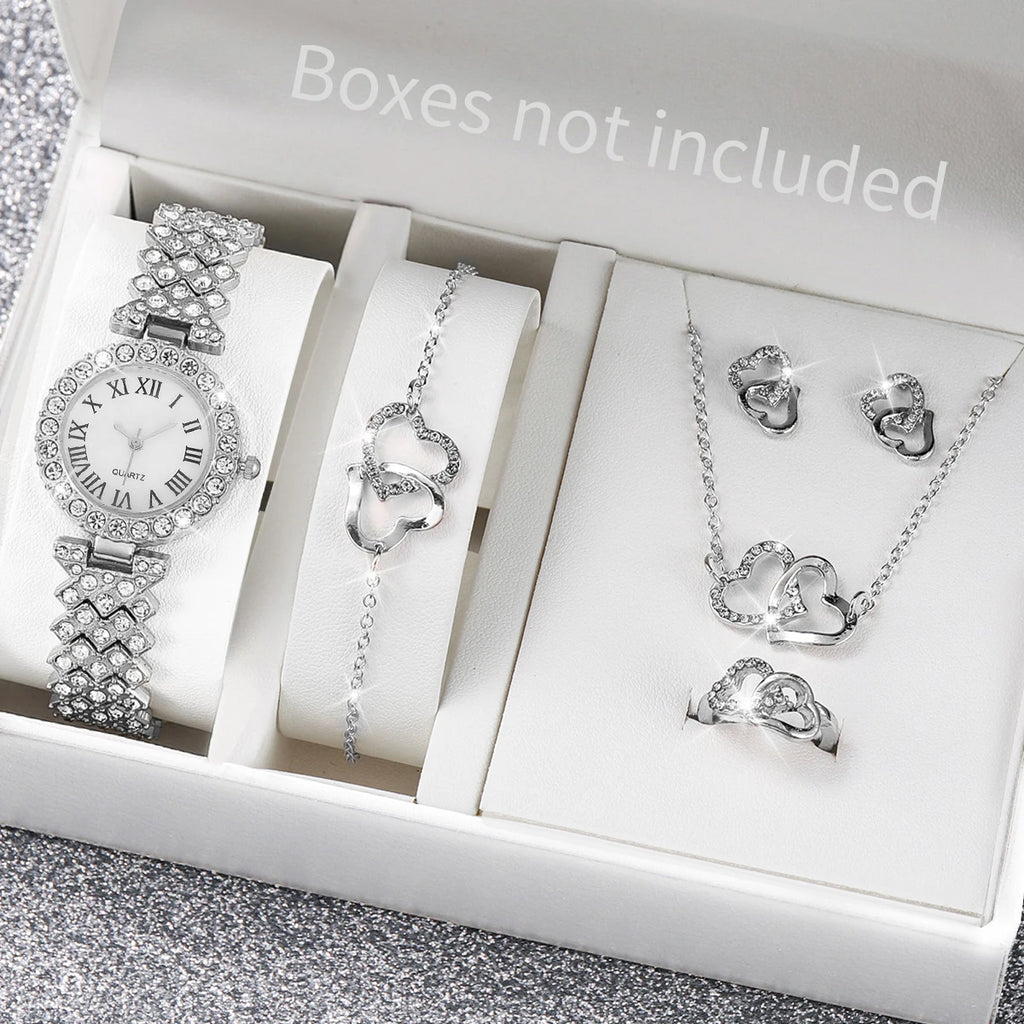 6PCS/Set Luxury Women Watches Fashion Rhinestone Roma Dial Bracelet Band Quartz Watch Jewelry Set Reloj Mujer（Without Box）